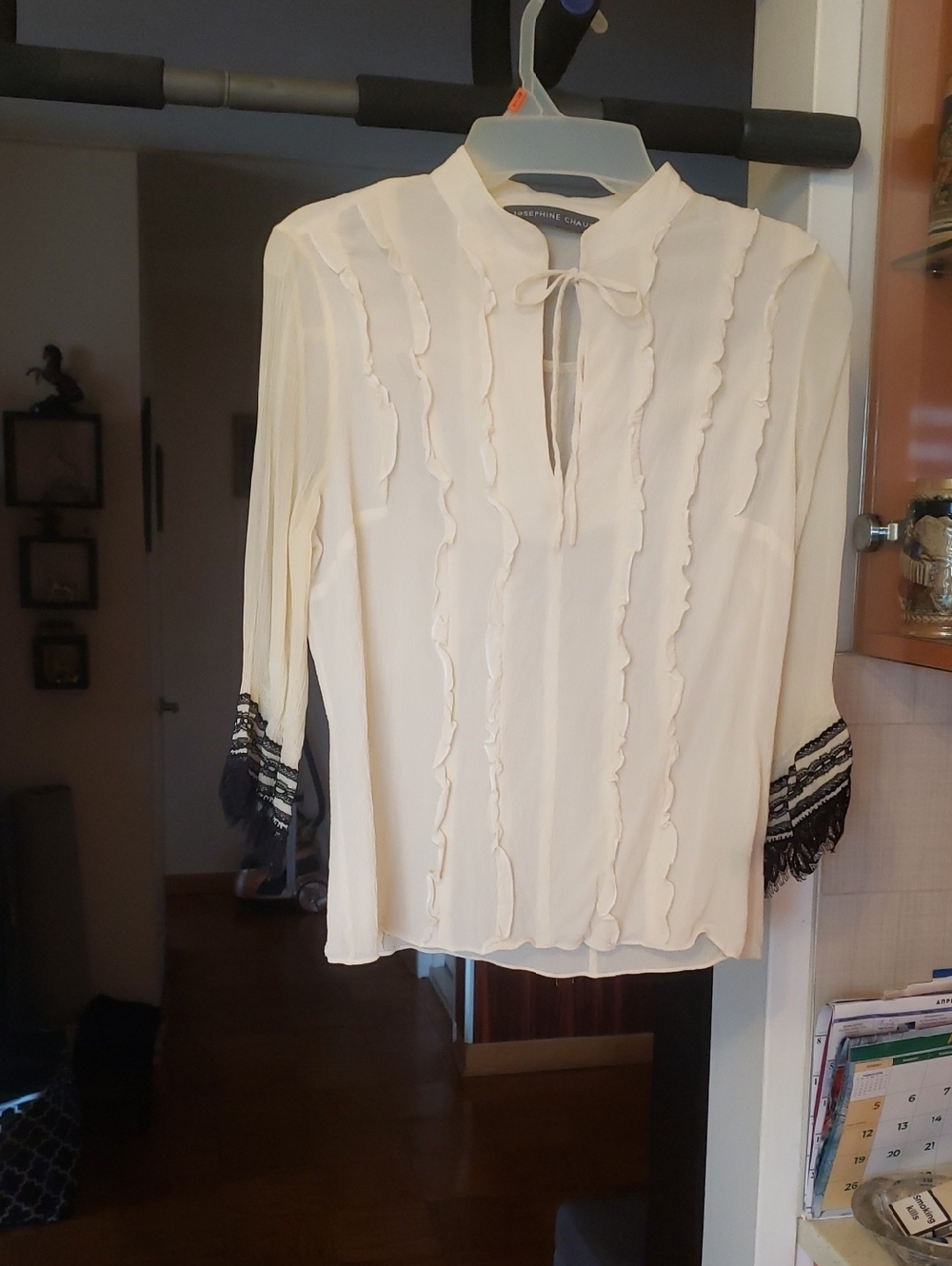 Josephine Chaus Cream Ruffle Tie-Neck Blouse with Black Lace Trim